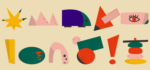  set of red, blue, green, pink, yellow simple abstract geometric shapes of different shapes, hand drawn, isolated on a light background. Vector illustration for trendy design of posters, banners,card