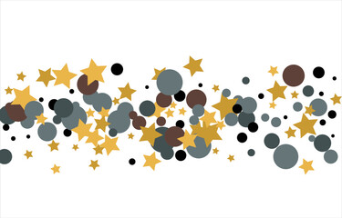 Gold, blue, brown, black confetti with circles and stars. Cosmic shine. Christmas abstract pattern. Beautiful illustration for postcard, banner, web. Background for the image. Vector illustration