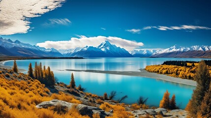 In new zealand, you will see a breathtaking view of lake pukaki with mount cook in the background. - obrazy, fototapety, plakaty