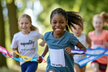 Child race towards equality: Diverse young athletes reach the finish line with smiles at an outdoor...