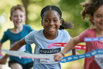Children of different origins participating in a solidarity race for equality, crossing the finish line, celebrating diversity in a school race - obrazy, fototapety, plakaty