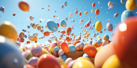 A large number of colorful eggs are flying in the air, AI