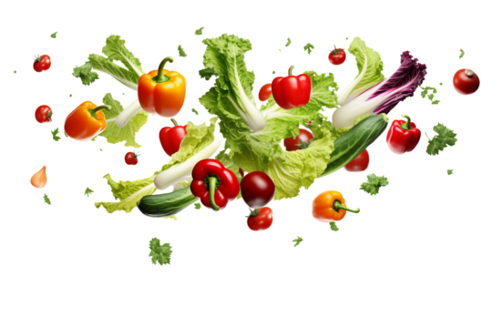 different vegetables flying isolated on transparent background