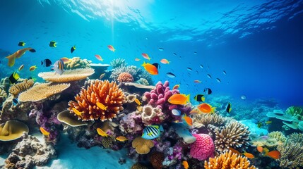 A coral reef that is colorful and full of marine life