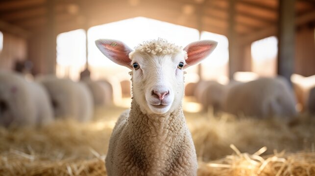 A lovable lamb staring at the front in a cattle barn is depicted in this portrait.