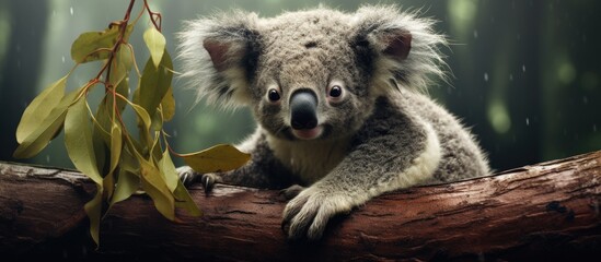 The baby koala is moving on a branch.