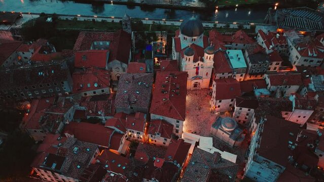 Fly over the evening Kotor city, aerial view,Montenegro