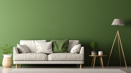 A sofa in a living room that is green and has copy space.