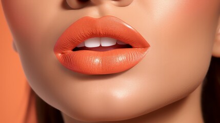 A peach fuzz, coral, pink shade lipstick on the lips
