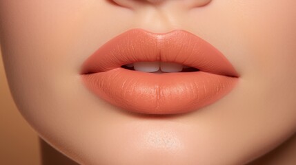 A peach fuzz, coral, orange shade lipstick on the lips - obrazy, fototapety, plakaty