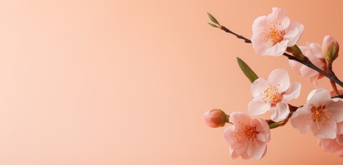 Flowers on a peach fuzz, orange and pink shade background and copy space