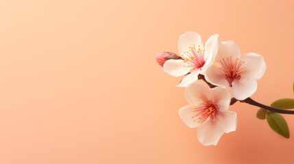 Fototapeta premium Flowers on a peach fuzz and pink shade background and copy space