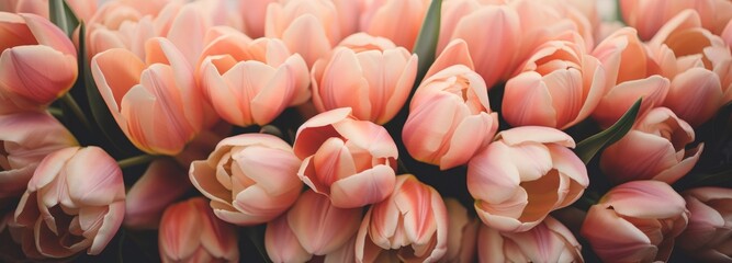 Banner with a close up of a bunch of pink tulips - obrazy, fototapety, plakaty