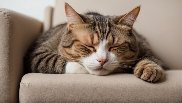 A cat sleeping on a sofa, a beloved pet