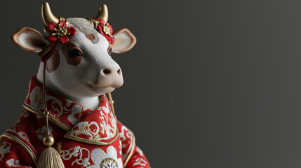 A white cow wearing a red auspicious Chinese costume