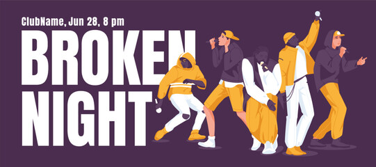 Rap battle advertising banner. Various singers on large fonts and dark background. Night club entertainment. Vector flat illustration