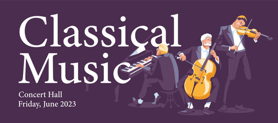Advertising banner of a classical music concert. Various musicians on large fonts and a dark background. Performance in a night club. Vector flat illustration