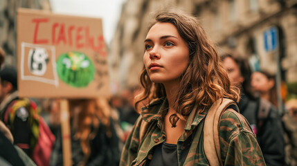 Portrait of a climate activist at a protest holding a sign. - obrazy, fototapety, plakaty