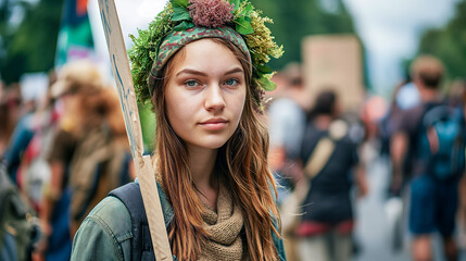 Portrait of a climate activist at a protest holding a sign.