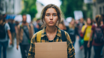 Portrait of a climate activist at a protest holding a sign.