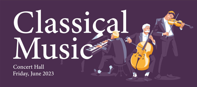 Advertising banner of a classical music concert. Various musicians on large fonts and a dark background. Performance in a night club. Vector flat illustration