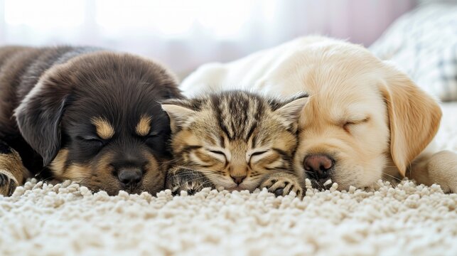 Beautiful image of a cat and dog peacefully sleeping together on a fluffy white carpet