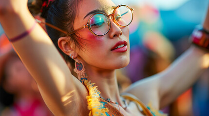 Woman with colorful makeup and glasses dancing in the street,  close up,