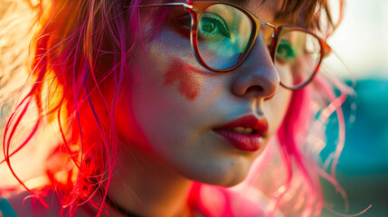 Woman with colorful makeup and glasses dancing in the street,  close up,
