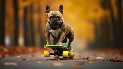 Funny French Bulldog riding a skateboard down the street. - obrazy, fototapety, plakaty