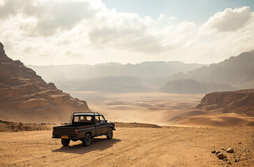 a black truck driving in a desert