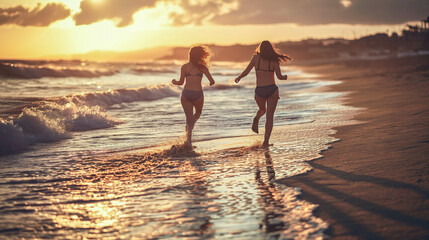 young women in running on beach at sunset