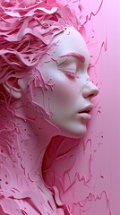 3D rendered woman face in paper cut style, pink color.