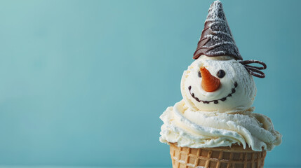 An Ice Cream Cone With a Snowman Hat on Top of It - obrazy, fototapety, plakaty