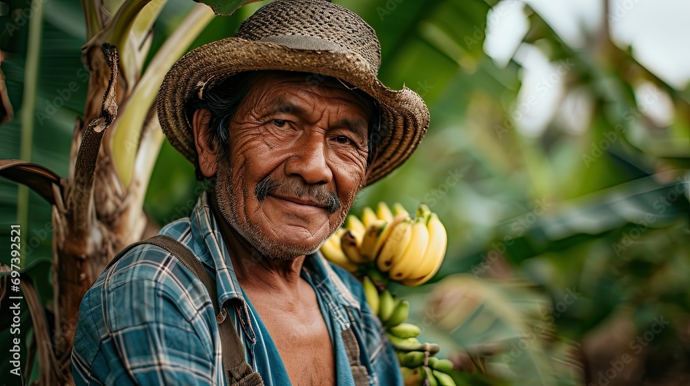 Wall mural Portrait of an adult man from Costa Rica, a banana picker, smiling at the camera.