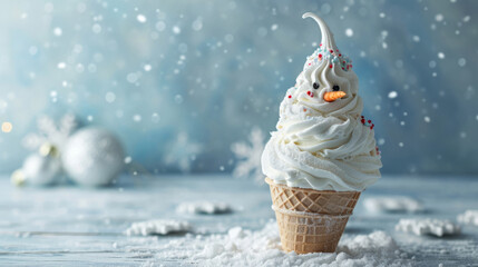 An Ice Cream Cone With a Snowman on Top of It - obrazy, fototapety, plakaty