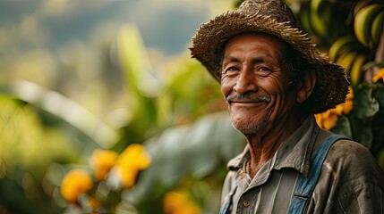 Portrait of an adult man from Costa Rica, a banana picker, smiling at the camera. - obrazy, fototapety, plakaty