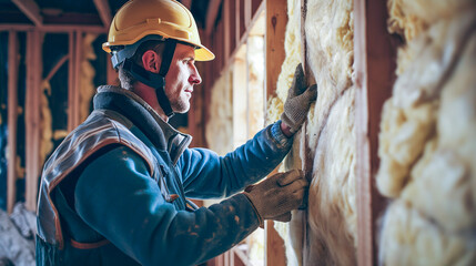 A portrait of a construction worker installing insulation in an energy efficient home. The image captures sustainable architecture and its role in emissions reduction