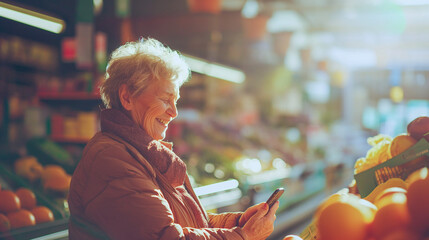 A smiling elderly woman using her phone to purchase her groceries at a supermarket. Sunlight fills the store with a warm glow.