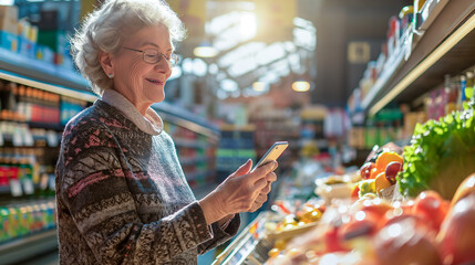 A smiling elderly woman using her phone to purchase her groceries at a supermarket. Sunlight fills the store with a warm glow.