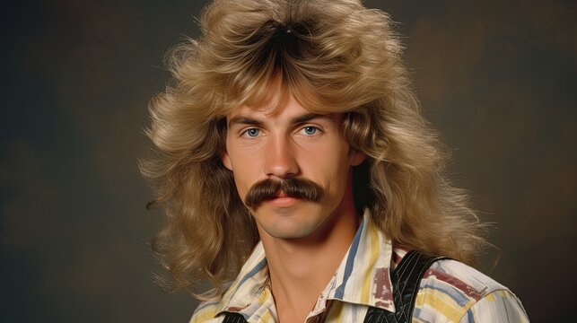 Portrait of a young man, with a 1980s look.