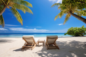 Two luxury sun loungers on a tropical white sand beach	
