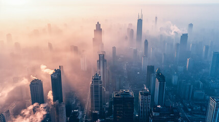 An aerial view of a big city skyline with smog and pollution visibly engulfing the buildings and streets. The image aims to convey air pollution's prevalence and risks.
