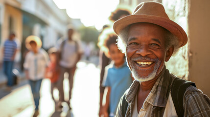 An elderly man smiling with a hat