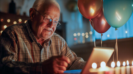 An elderly man video calling his granddaughter on a tablet to wish her a happy birthday. Candles and balloons are visible behind her.