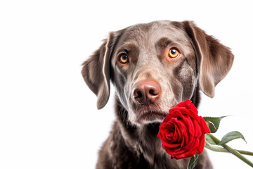 Dog with red rose in front of white background