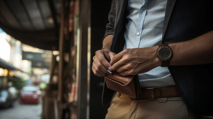 man holding phone wallet in hand Purse pant Coat Generative AI - obrazy, fototapety, plakaty