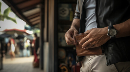 man holding phone wallet in hand Purse pant Coat Generative AI - obrazy, fototapety, plakaty