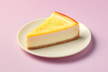 Single slice of cheesecake on plate on pastel pink background