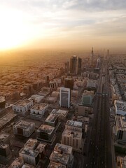 Drone shot flying. Saudi Arabia. Riyadh. Sunrise. 