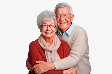 elderly couple hugging and happy.